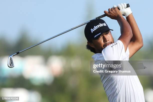 Satoshi Kodaira of Japan hits a tee shot on the tenth hole during the second round of the Butterfield Bermuda Championship at Port Royal Golf Course...