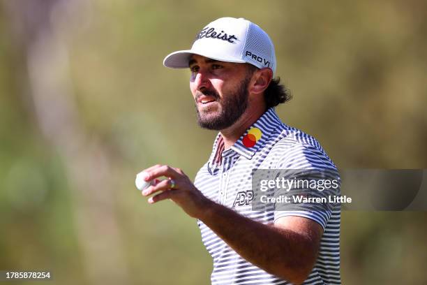 Max Homa of the United States acknowledges the crowd on the 18th green during Day Two of the Nedbank Golf Challenge at Gary Player CC on November 10,...