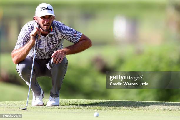 Max Homa of the United States lines up a putt on the 18th green during Day Two of the Nedbank Golf Challenge at Gary Player CC on November 10, 2023...