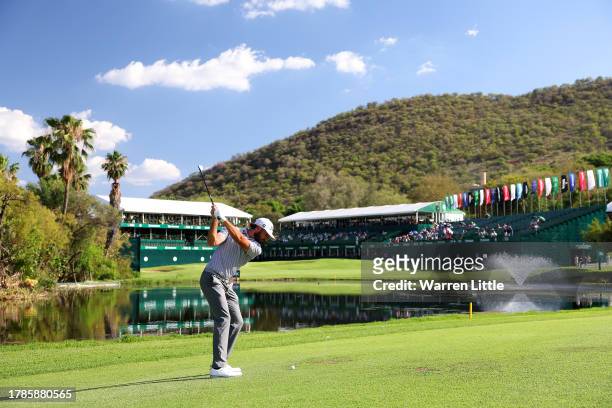 Max Homa of the United States plays his second shot on the 18th hole during Day Two of the Nedbank Golf Challenge at Gary Player CC on November 10,...
