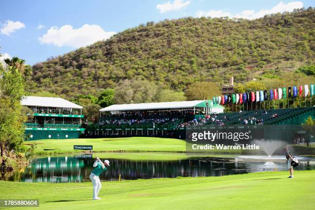Matthieu Pavon of France plays his second shot on the 18th hole during Day Two of the Nedbank Golf Challenge at Gary Player CC on November 10, 2023...