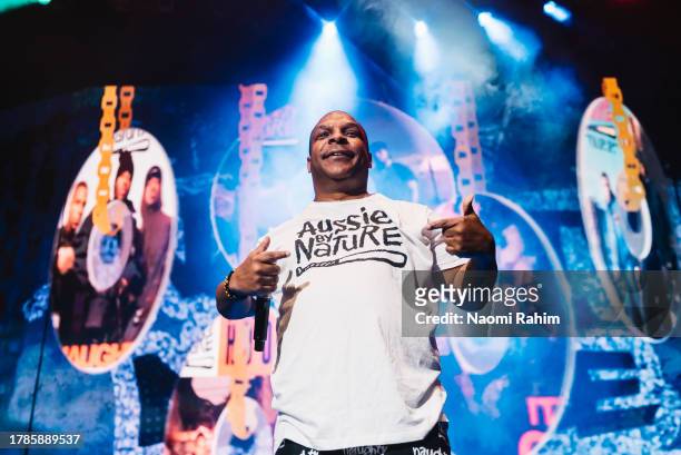 Vin Rock of Naughty By Nature wears an 'Aussie by Nature' t-shirt during a performance at Fridayz Live '23 at Rod Laver Arena on November 10, 2023 in...