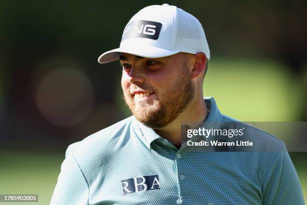 Dan Bradbury of England reacts on the 18th green during Day Two of the Nedbank Golf Challenge at Gary Player CC on November 10, 2023 in Sun City,...