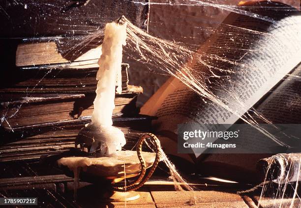 Old books on the table covered in cobwebs