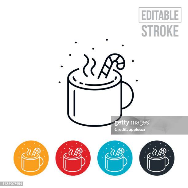 illustrations, cliparts, dessins animés et icônes de mug plein de chocolat chaud avec candy cane fine line icon - trait modifiable - chocolat
