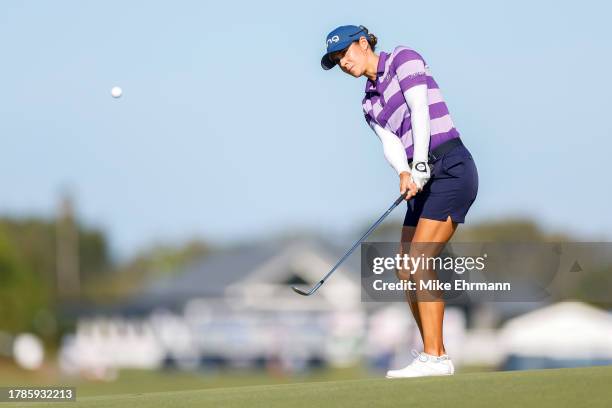 Azahara Munoz of Spain chips to the tenth green during the second round of The ANNIKA driven by Gainbridge at Pelican at Pelican Golf Club on...