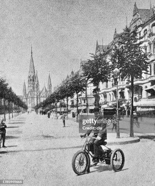 tricycle with engine, man driving in berlin - motorcycle engine stock illustrations