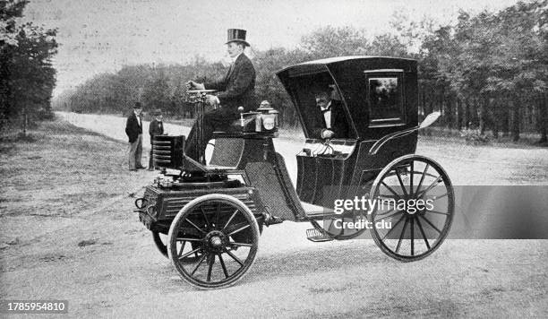 stockillustraties, clipart, cartoons en iconen met excursion in a motorized carriage cab - wagen getrokken door een dier