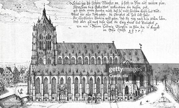 ulm minster 1675, germany, side view - ulm stock illustrations
