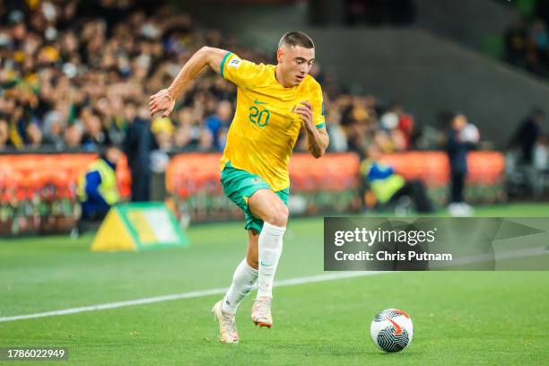 Lewis Miller of Australia during the 2026 FIFA World Cup Qualifier match between Australia Socceroos and Bangladesh at AAMI Park in Melbourne.