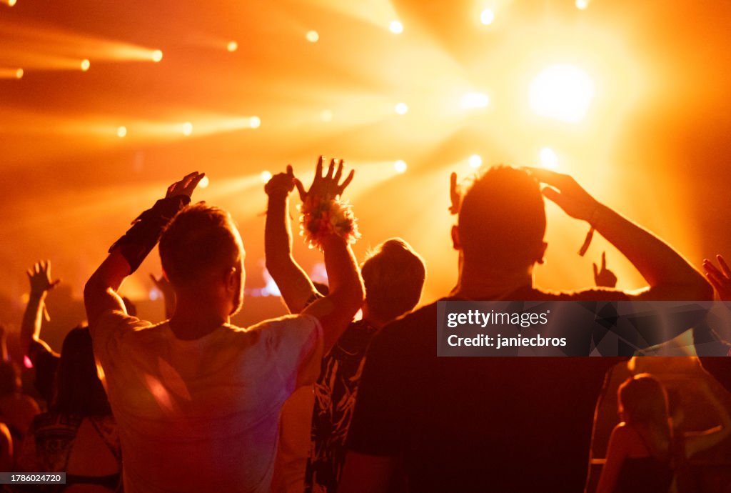 Crowd of people attending a musical performance. Audience dancing illuminated by orange lights