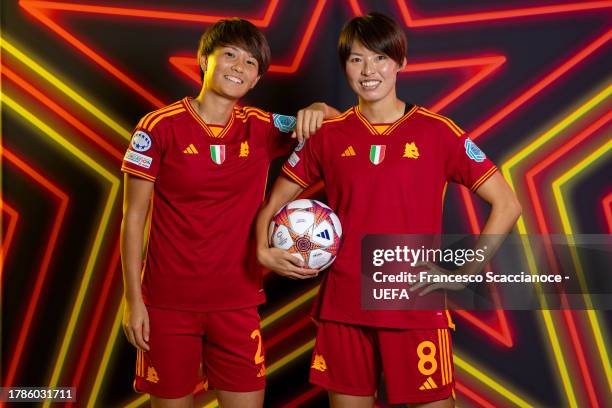 Moeka Minami and Saki Kumagai of AS Roma poses for a portrait during the UEFA Women's Champions League Official Portraits shoot on November 08, 2023...