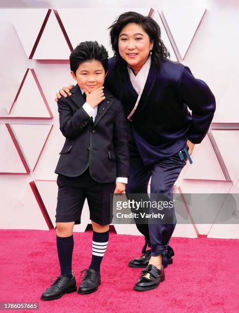 Alan S. Kim, left, and Christina Oh arrive at the Oscars on Sunday, April 25 at Union Station in Los Angeles.