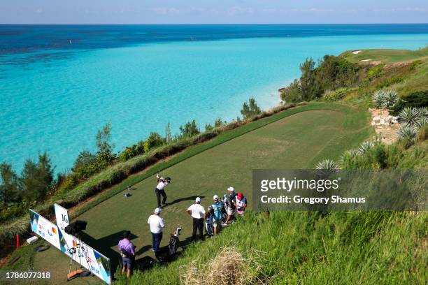 Satoshi Kodaira of Japan hits a tee shot on the 16th hole during the second round of the Butterfield Bermuda Championship at Port Royal Golf Course...