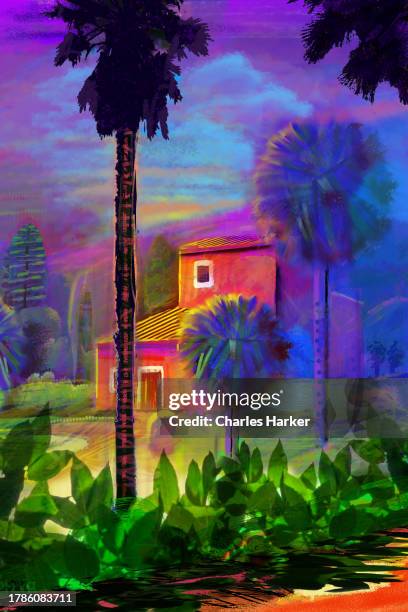 cottage in garden landscape painting with late day light - la italia stock pictures, royalty-free photos & images