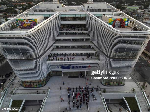 Aerial view of the new National Library of El Salvador in the historic center of San Salvador, taken on November 15, 2023. El Salvador's President...