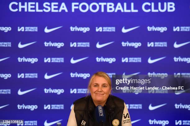 Emma Hayes, Manager of Chelsea speaks to media during a Chelsea FC Women's Press Conference at Chelsea Training Ground on November 10, 2023 in...