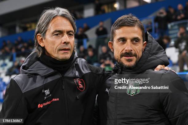 Alessio Dionisi, Head Coach of US Sassuolo, and Filippo Inzaghi, Head Coach of US Salernitana, interact prior to the Serie A TIM match between US...