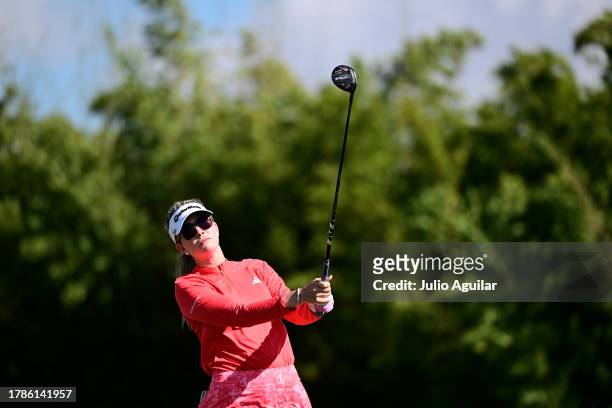 Paula Creamer of the United States plays her shot from the third tee during the second round of The ANNIKA driven by Gainbridge at Pelican at Pelican...