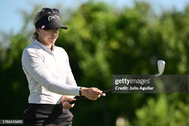 Pernilla Lindberg of Sweden prepares to play her shot from the third tee during the second round of The ANNIKA driven by Gainbridge at Pelican at...