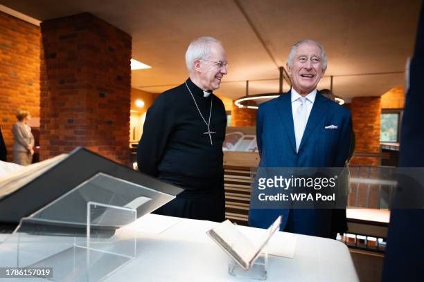King Charles III and The Archbishop of Canterbury the Most Reverend Justin Welby at a reception of faith leaders during a visit to the new Lambeth...