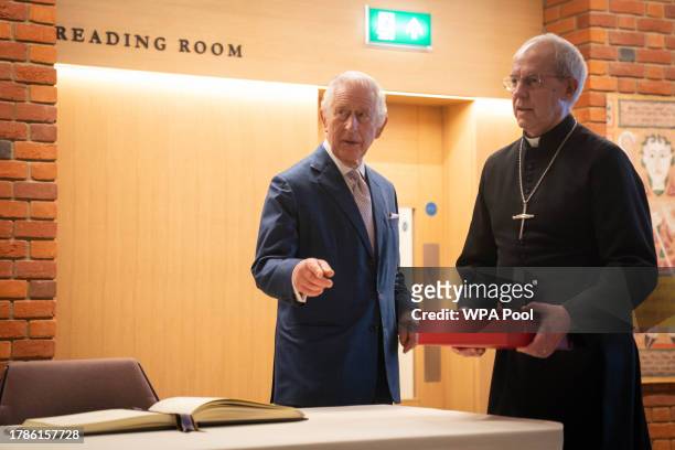 King Charles III and The Archbishop of Canterbury the Most Reverend Justin Welby at a reception of faith leaders during a visit to the new Lambeth...