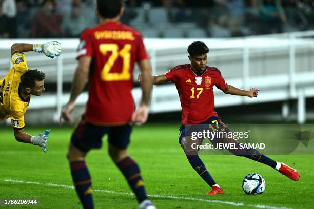 Spain's forward Lamine Yamal shoots to score his team's first goal during the UEFA Euro 2024 Group A qualifying football match between Cyprus and...