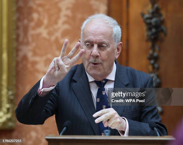 Gyles Brandreth speaks during a reception at Buckingham Palace for winners of The Queen's Commonwealth Essay Competition 2023 QCEC on November 16,...