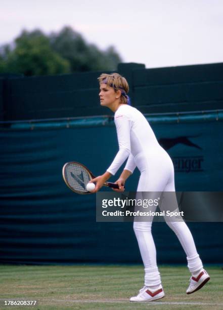 American tennis player Anne White in action wearing a one piece leotard at Wimbledon Tennis Championships, London, June 1985.