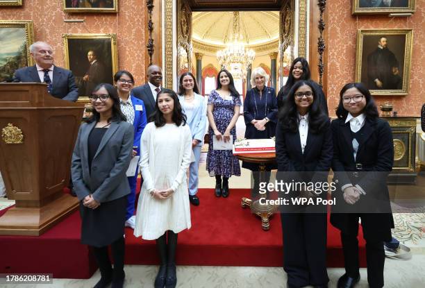 Queen Camilla poses with Mitali Ragtah, junior runner-up, Shreeya Sahi, junior winner, Siddhi Deshmukh senior winner and Yong Sin Kong, Senior...