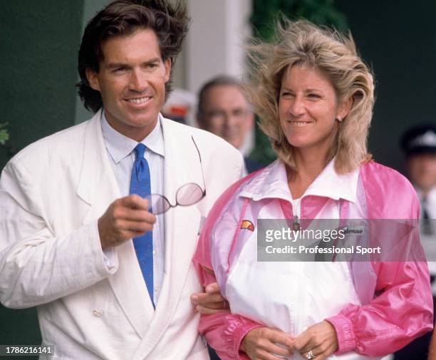 American tennis player Chris Evert with her husband, skier Andy Mill during her run to the semi-finals of the women's singles during the Wimbledon...