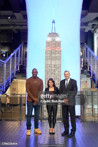 Kevin Boothe, Antoinette Wallace and Lt. Gen. Mike Linnington light the Empire State Building in Honor of Veteran's Day at The Empire State Building...