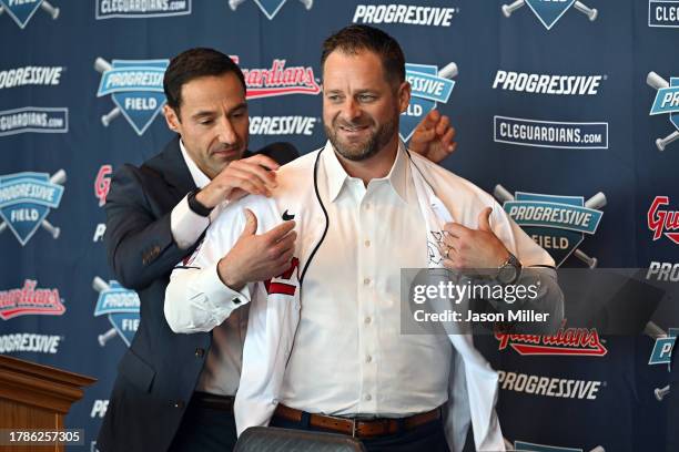 President of Baseball Operations Chris Antonetti introduces Stephen Vogt as the 45th Manager of the Cleveland Guardians at Progressive Field on...