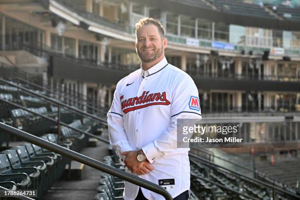 Stephen Vogt talks poses for a photo after being introduced as the 45th Manager of the Cleveland Guardians at Progressive Field on November 10, 2023...
