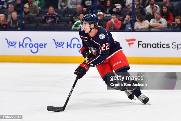 Jake Bean of the Columbus Blue Jackets skates with the puck during the second period of a game against the Dallas Stars at Nationwide Arena on...