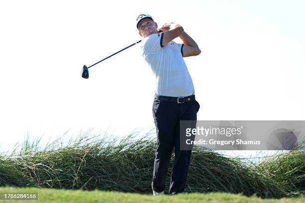 Alex Noren of Sweden hits a tee shot on the ninth hole during the second round of the Butterfield Bermuda Championship at Port Royal Golf Course on...