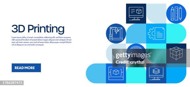 3d printing related design with line icons. simple outline symbol icons. printer, 3d, technology, design, plastic, manufacturing, object, equipment - plastic polymer stock illustrations