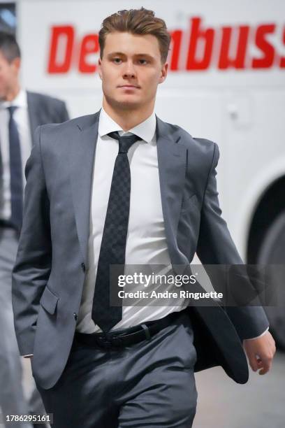 Tim Stützle of the Ottawa Senators arrives ahead of the 2023 NHL Global Series game against the Detroit Red Wings at Avicii Arena on November 16,...