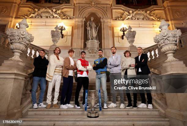 Holger Rune, Stefanos Tsitsipas, Jannik Sinner, Carlos Alcaraz, Novak Djokovic, Daniil Medvedev, Andrey Rublev, Alexander Zverev pose for a...