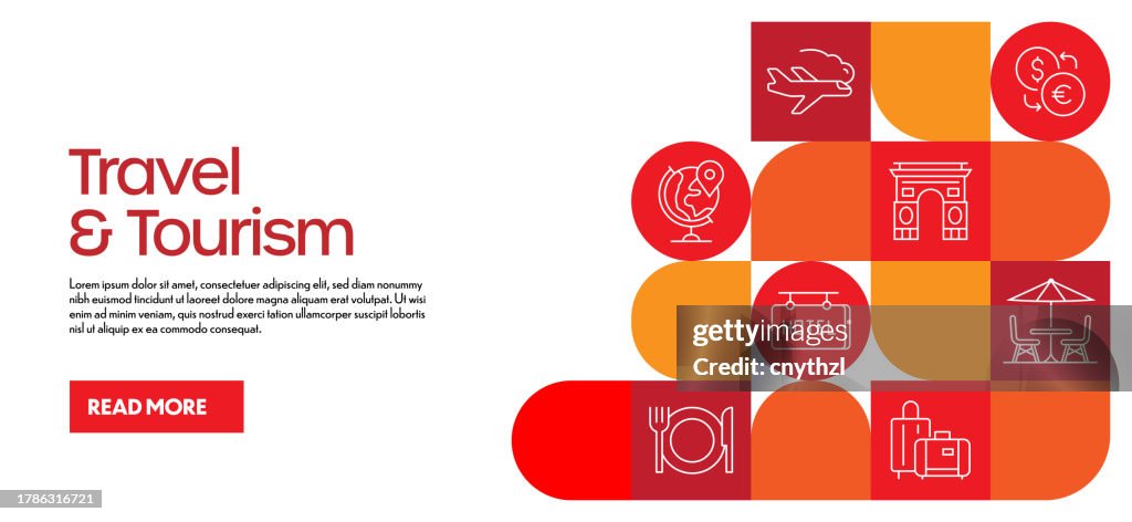 Travel and Tourism Related Design with Line Icons. Simple Outline Symbol Icons. Journey, Tourist, Destination, Hotel, Restaurant.