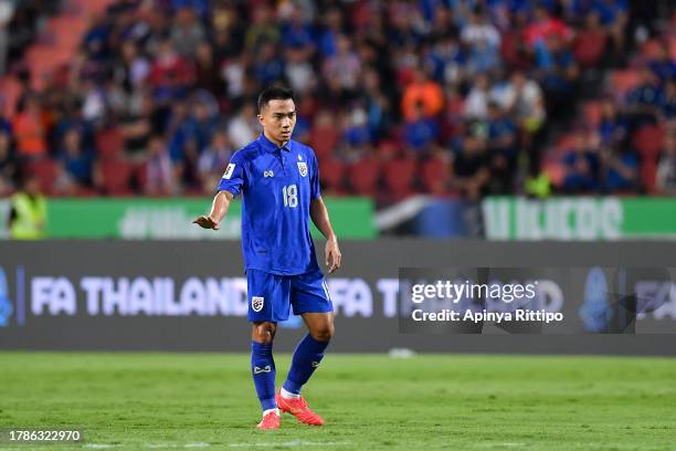 Chanathip Songkrasin of Thailand gestures during the FIFA World Cup Asian 2nd qualifier match between Thailand and China at Rajamangala Stadium on...