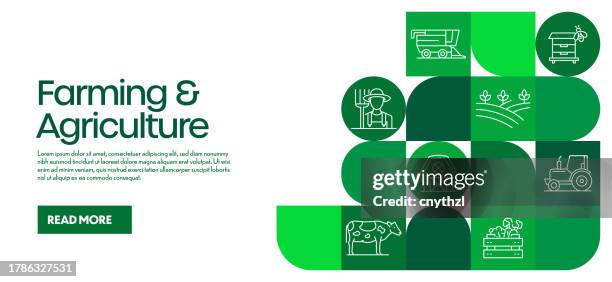 ilustraciones, imágenes clip art, dibujos animados e iconos de stock de diseño relacionado con la agricultura y la agricultura con iconos de línea. iconos de símbolos de contorno simples. agricultor, ganadería, tractor, siembra - agricultura inteligente