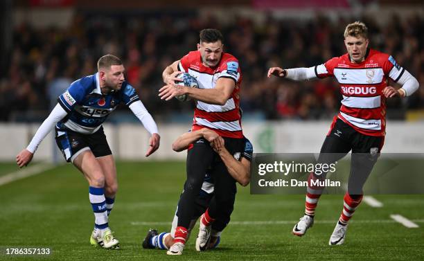 Jonny May of Gloucester is tackled by Will Muir of Bath during the Gallagher Premiership Rugby match between Gloucester Rugby and Bath Rugby at...