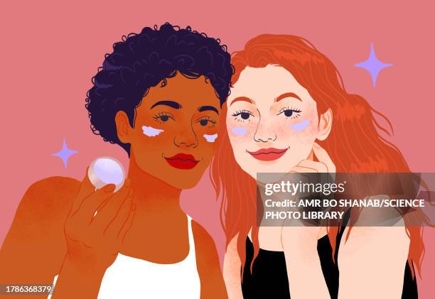 ilustraciones, imágenes clip art, dibujos animados e iconos de stock de women applying face cream, illustration - amigas