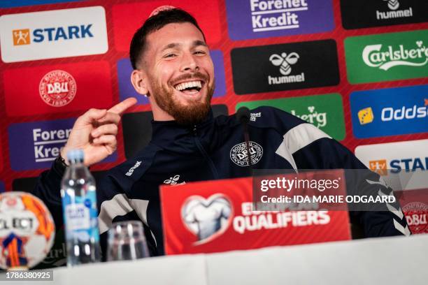 Pierre-Emile Hoejbjerg, player of the Danish national football team, reacts during the national football team's press conference in Helsingor,...