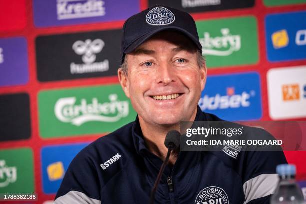 Kasper Hjulmand, head coach of the Danish national football team, reacts during the national football team's press conference in Helsingor, Denmark,...