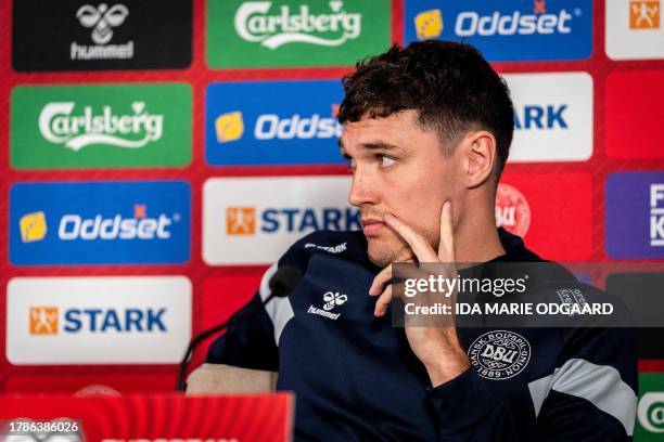 Denmark's defender Andreas Christensen reacts during the national football team's press conference in Helsingor, Denmark, on November 16 prior to the...