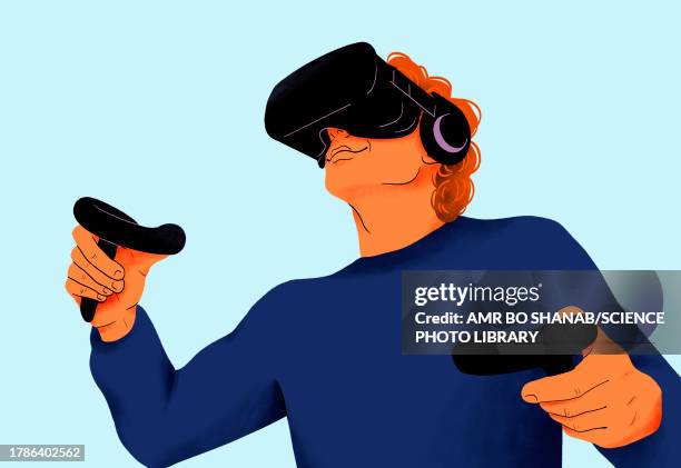 man using vr headset, illustration - virtual library stock illustrations