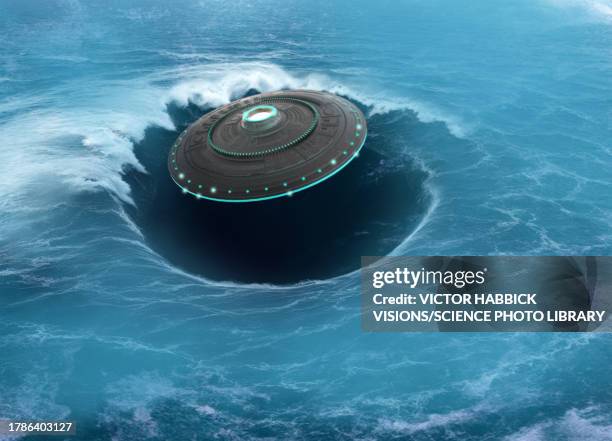 ufo appearing from whirlpool, illustration - vortex stock illustrations