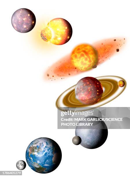 giant impact formation of the moon, illustration - planets colliding stock illustrations